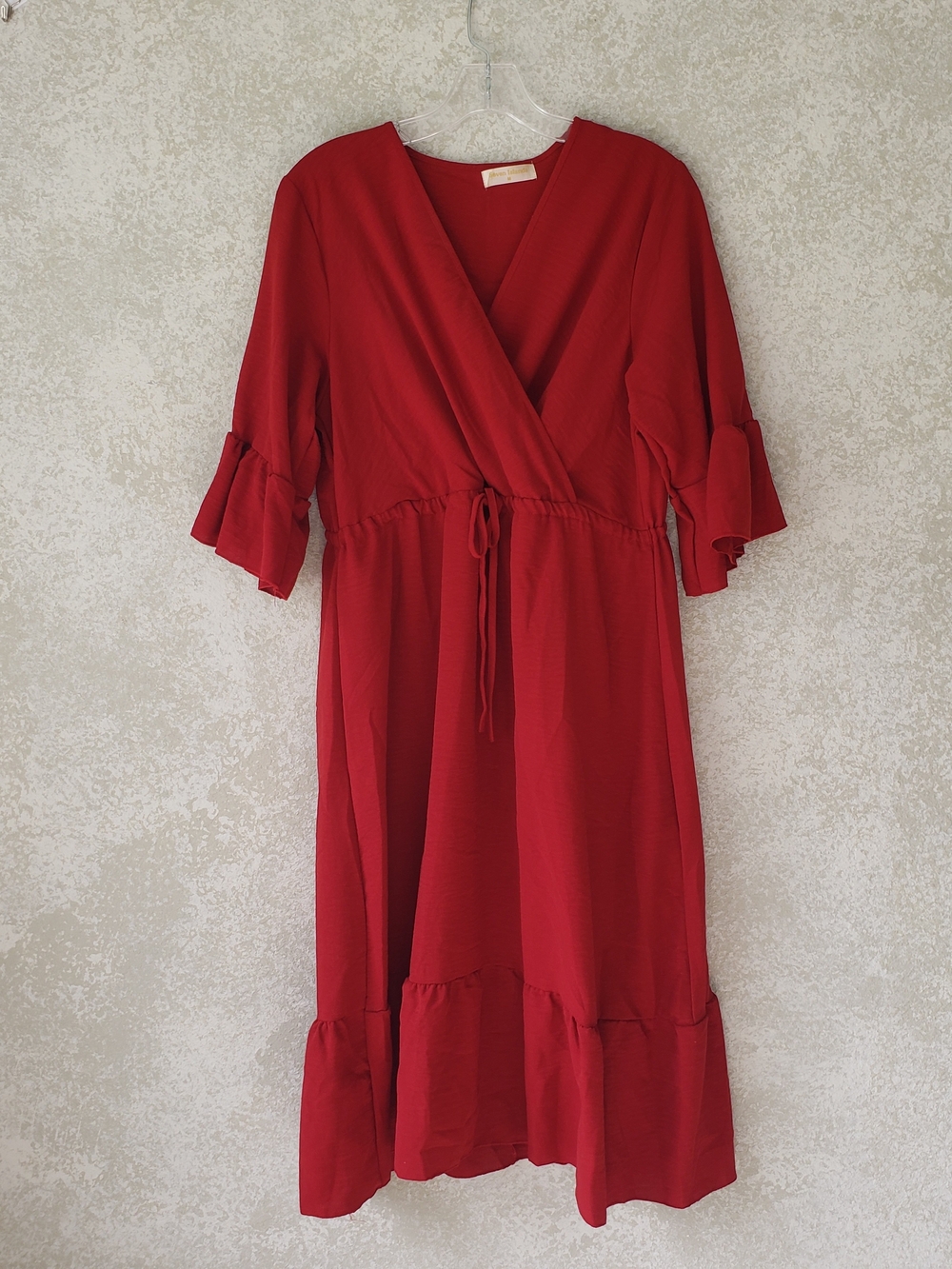 Seven Island Elegant Red Midi Wrap Dress  Ruffle Details Party Wedding  Guest